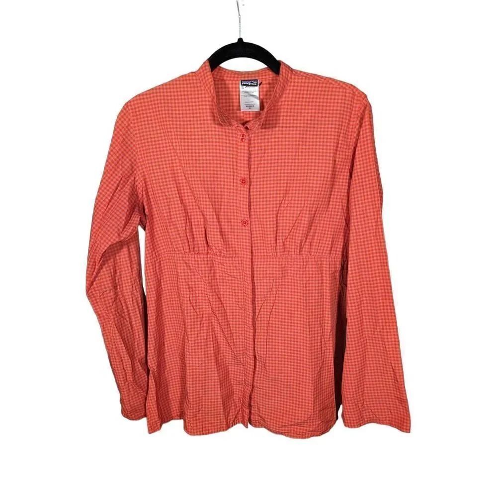 Patagonia 8 Button Up Red Orange Gingham Henley Shirt Long Sleeve Women’s Size 8